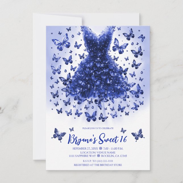 Sapphire Butterfly Dress September Birthstone Invitation (Front)