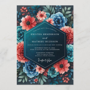 Sapphire Coral Bold Flora Wedding Invitation