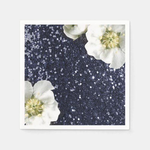 Sapphire Deep Navy Jasmine Glitter Sequin Beach Paper Napkins