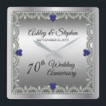 Sapphire | Diamonds 70th Wedding Anniversary Square Wall Clock<br><div class="desc">Opulent elegance frames this 70th wedding anniversary design in a unique scalloped diamond design with heart-shaped sapphire and diamond accents and faux added sparkles on a silver-tone gradient. Please note that all embellishments are printed and are only made to appear as real as possible in a flat, printed design. This...</div>