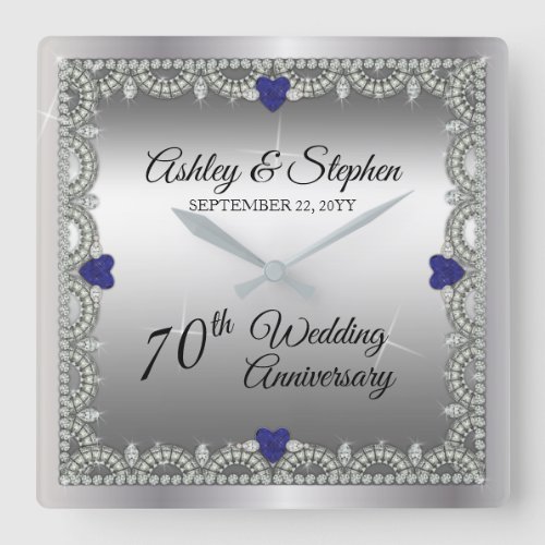 Sapphire  Diamonds 70th Wedding Anniversary Square Wall Clock