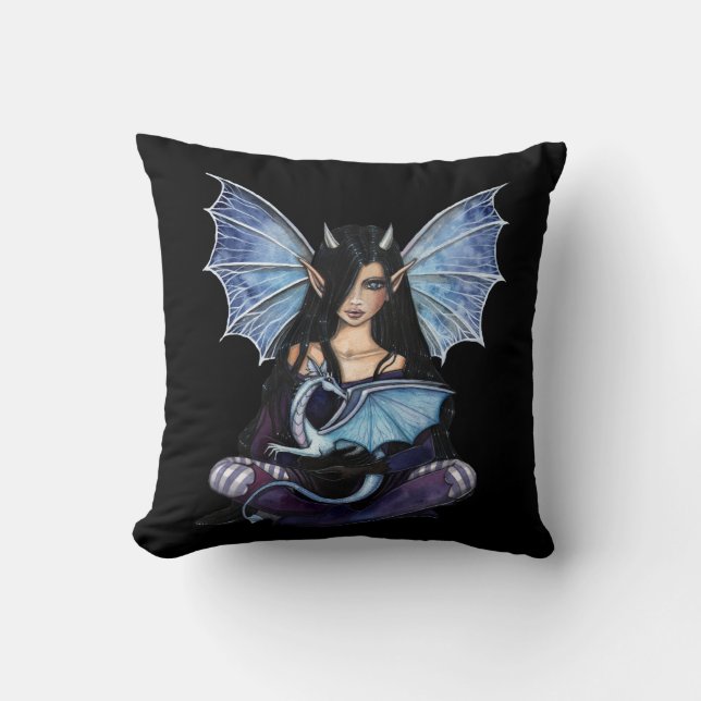 Sapphire Dragon Fairy Throw Pillow (Front)