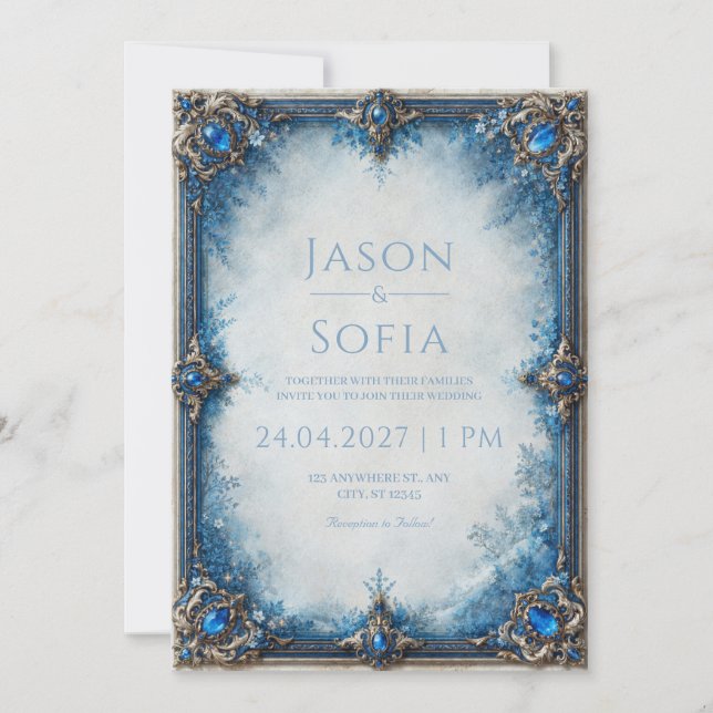 Sapphire Floral Frame Wedding Invitation (Front)