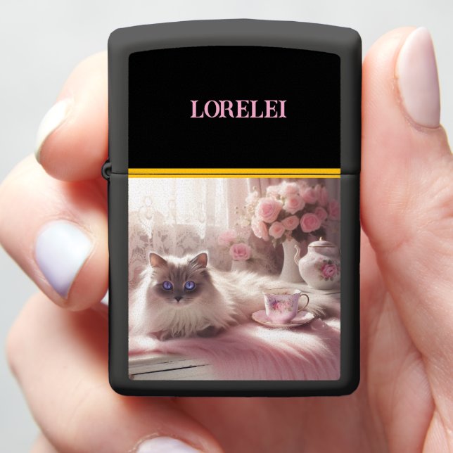 Sapphire Gaze: Ragdoll Cat Rose Dreams  Zippo Lighter (In Hand)