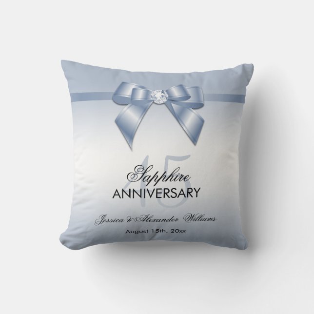 Sapphire Gem Bow & Ribbon 45th Wedding Anniversary Throw Pillow (Front)