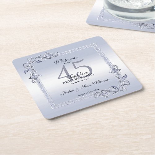 Sapphire Gem  Glitter 45th Wedding Anniversary    Square Paper Coaster