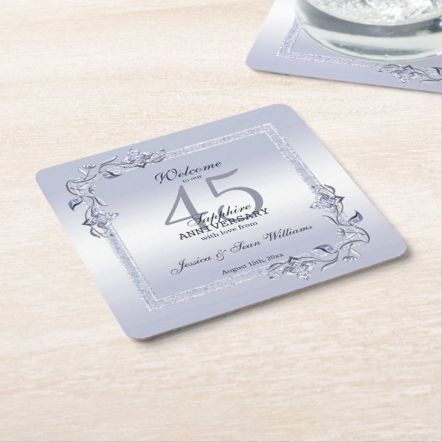Sapphire Gem & Glitter 45th Wedding Anniversary    Square Paper Coaster (Angled)