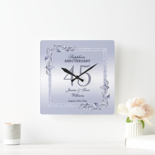 Sapphire Gem & Glitter 45th Wedding Anniversary Square Wall Clock