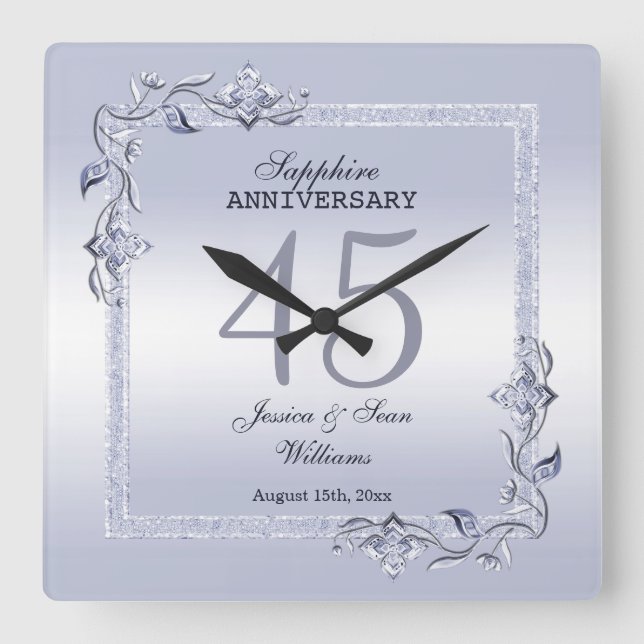 Sapphire Gem & Glitter 45th Wedding Anniversary  Square Wall Clock (Front)