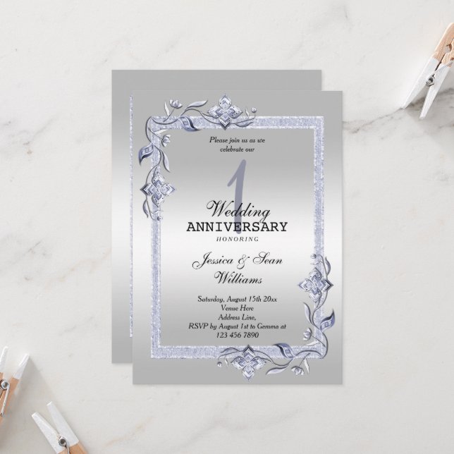 Sapphire Gem & Glitter & Silver 1st Wedding   Invitation (Front/Back In Situ)