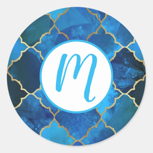 Sapphire Gemstone  Gold Moroccan Tile Pattern Classic Round Sticker