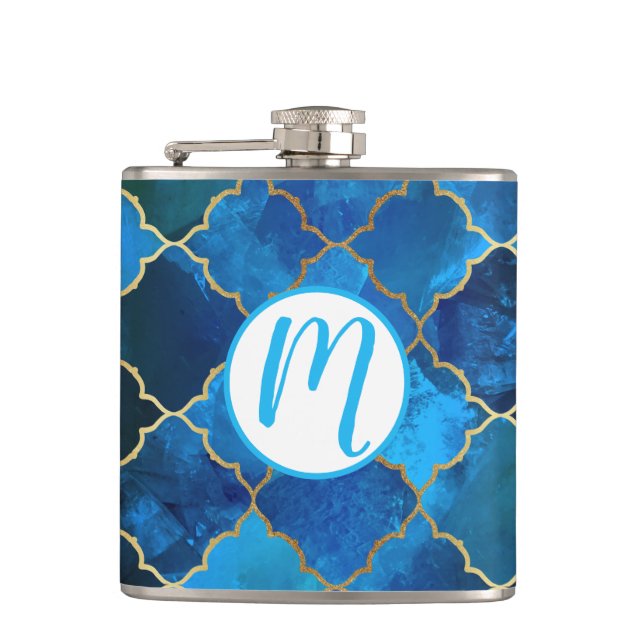 Sapphire Gemstone & Gold Moroccan Tile Pattern Flask (Front)