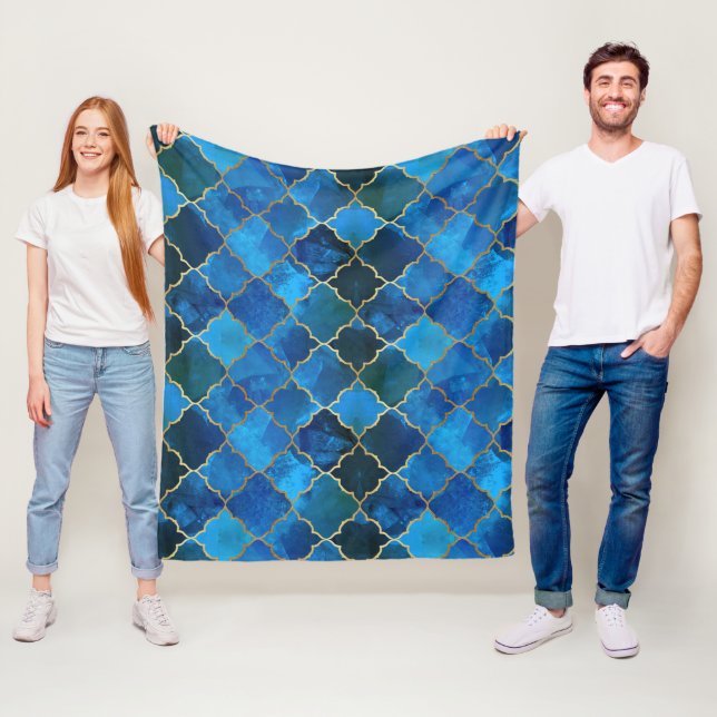 Sapphire Gemstone & Gold Moroccan Tile Pattern Fleece Blanket (In Situ)