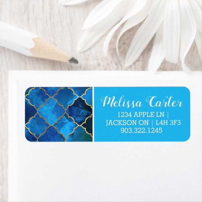 Sapphire Gemstone & Gold Moroccan Tile Pattern Label (Insitu)