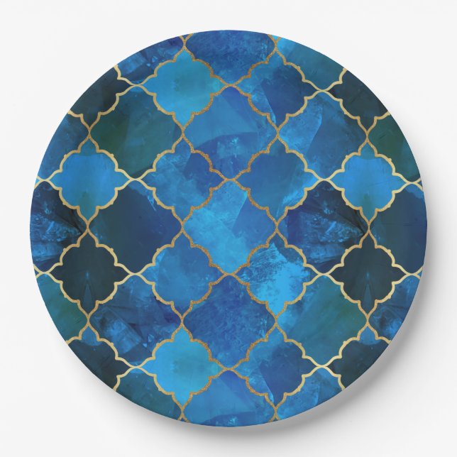 Sapphire Gemstone & Gold Moroccan Tile Pattern Paper Plates (Front)