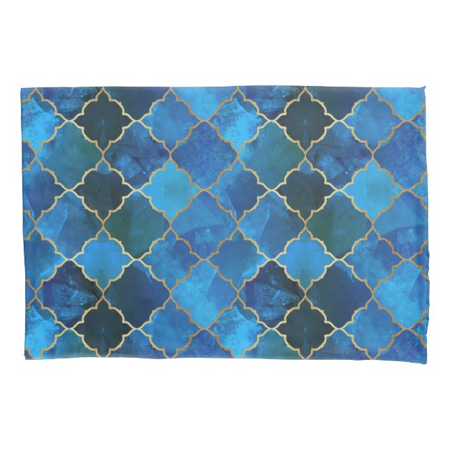 Sapphire Gemstone & Gold Moroccan Tile Pattern Pillow Case (Front)