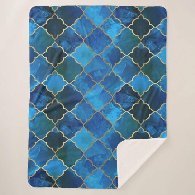 Sapphire Gemstone & Gold Moroccan Tile Pattern Sherpa Blanket (Front)