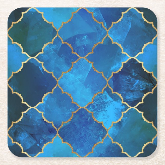 Sapphire Gemstone & Gold Moroccan Tile Pattern Square Paper Coaster (Front)