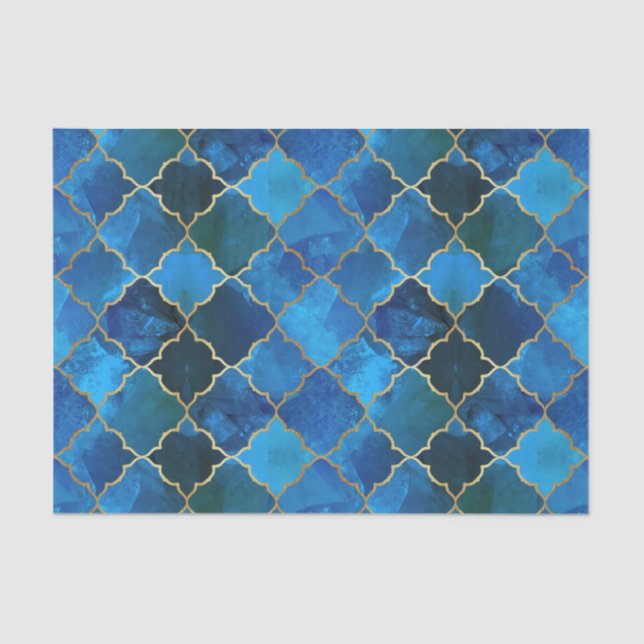 Sapphire Gemstone & Gold Moroccan Tile Pattern Tissue Paper (Front)