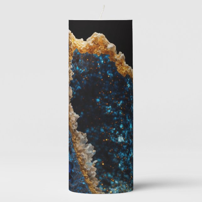 Sapphire Geode Stone With Gold Border. Pillar Candle (Front)