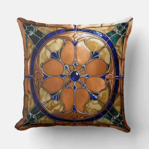 Sapphire Gleam Art Nouveau Tiled Motif in Copper Throw Pillow