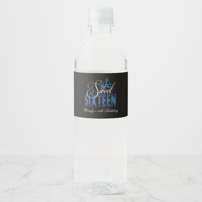 Sapphire Glitter Shoes, Sweet 16 Water Bottle Label (Front)
