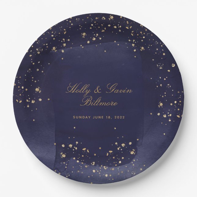 Sapphire & Gold Wedding 9 Inch Dinner Paper Plates (Front)