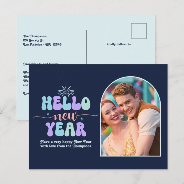 Sapphire Groove New Year Retro Modern Blue Photo Holiday Postcard (Front/Back)
