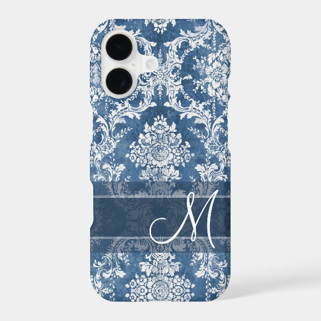 Sapphire Grunge Damask Pattern with Monogram Iphone Case (Back)