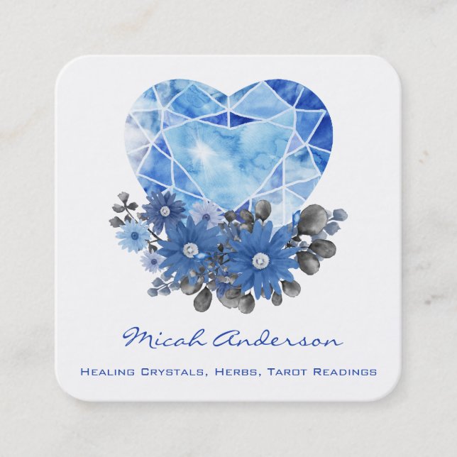 Sapphire Heart Flowers Square Business Card (Front)