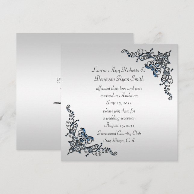 Sapphire Jeweled Swirls Post Wedding Celebration Invitation (Front/Back)