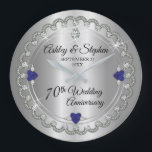 Sapphire Jubilee Diamonds 70th Wedding Anniversary Large Clock<br><div class="desc">Opulent elegance frames this 70th wedding anniversary design in a unique scalloped diamond design with center teardrop diamond with heart-shaped sapphire accents and faux added sparkles on a silver-tone gradient. Please note that all embellishments are printed and are only made to appear as real as possible in a flat, printed...</div>
