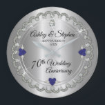 Sapphire Jubilee Diamonds 70th Wedding Anniversary Large Clock<br><div class="desc">Opulent elegance frames this 70th wedding anniversary design in a unique scalloped diamond design with center teardrop diamond with heart-shaped sapphire accents and faux added sparkles on a silver-tone gradient. Please note that all embellishments are printed and are only made to appear as real as possible in a flat, printed...</div>