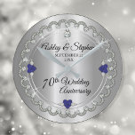 Sapphire Jubilee Diamonds 70th Wedding Anniversary Round Clock<br><div class="desc">Opulent elegance frames this 70th wedding anniversary design in a unique scalloped diamond design with center teardrop diamond with heart-shaped sapphire accents and faux added sparkles on a silver-tone gradient. Please note that all embellishments are printed and are only made to appear as real as possible in a flat, printed...</div>
