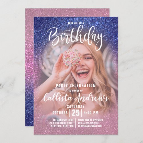 Sapphire Pink Triple Glitter Ombre Photo Birthday Invitation