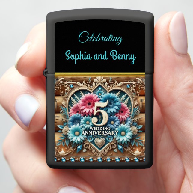 Sapphire Serenity: 5th Anniversary Floral Harmony Zippo Lighter (In Hand)