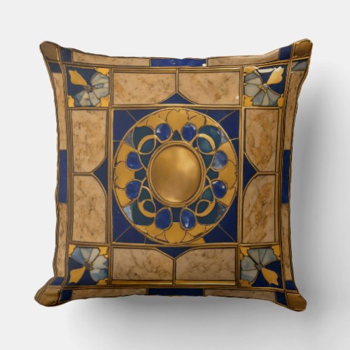 Sapphire Slate Art Nouveau Tiled Motif in Granite Throw Pillow