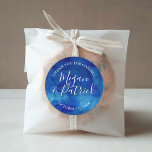 Sapphire Tide Thank You Wedding Favor Classic Round Sticker<br><div class="desc">Custom circle wedding favor labels with an abstract blue watercolor background to coordinate with our Sapphire Tide collection. Personalize it with your names and wedding date or add your own custom text. Use the design tools to change the fonts and colors or upload your own photos to create a unique...</div>