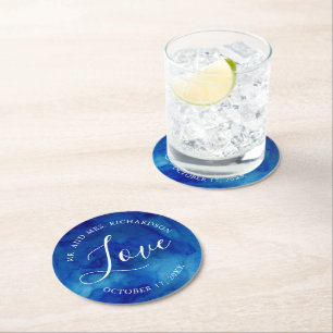 Sapphire Tide Wedding Love Monogram Paper Coasters