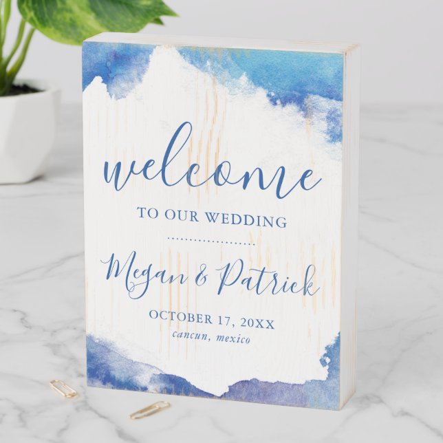 Sapphire Tide Wedding Welcome Wooden Box Sign (In Situ Vertical)