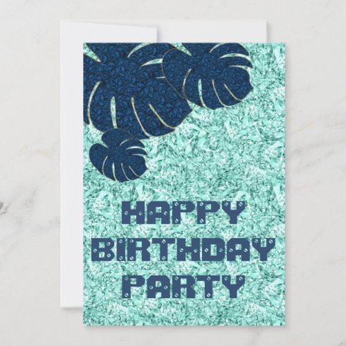 Sapphire Tropical leaves on Teal Green Jewel Invitation