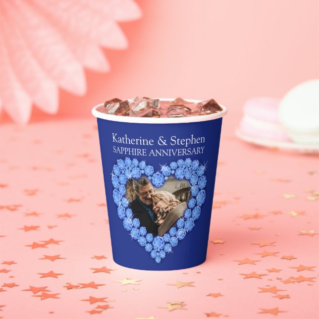 Sapphire wedding anniversary custom photo blue paper cups (Insitu)