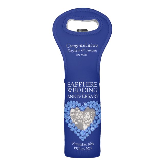 Sapphire wedding anniversary heart photo wine bag (Front)