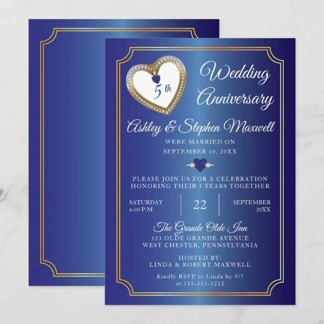 Sapphires Diamonds 5th Wedding Anniversary Party Invitation (Front/Back)