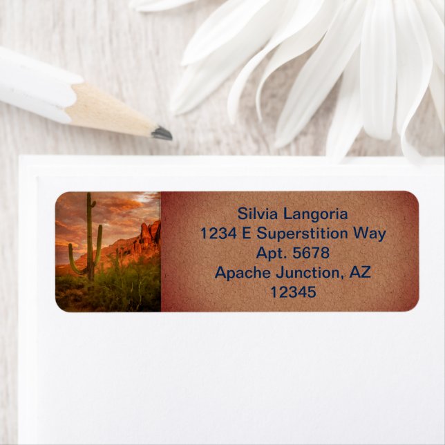 Saquaro Cactus Superstition Mountain Sunset Label (Insitu)