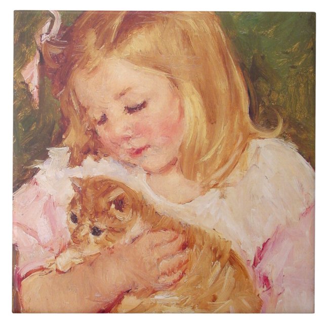 Sara Holding a Cat (by Mary Cassatt) Ceramic Tile (Front)