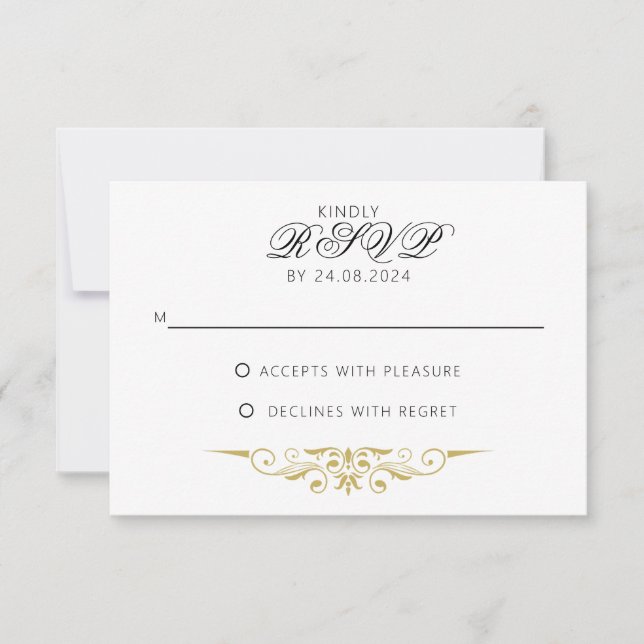 Sarah - Antique Gold Formal Wedding RSVP Card (Front)