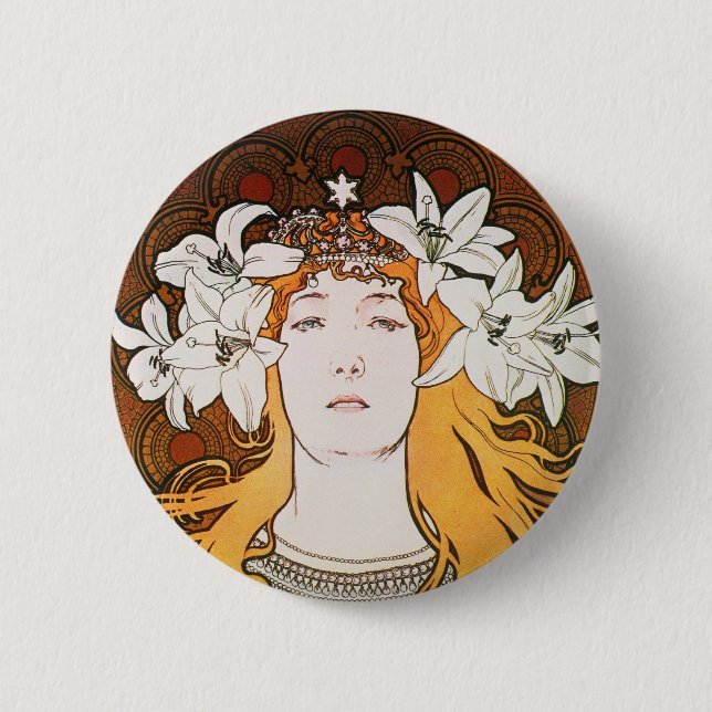 Sarah Bernhardt, Mucha Pinback Button (Front)
