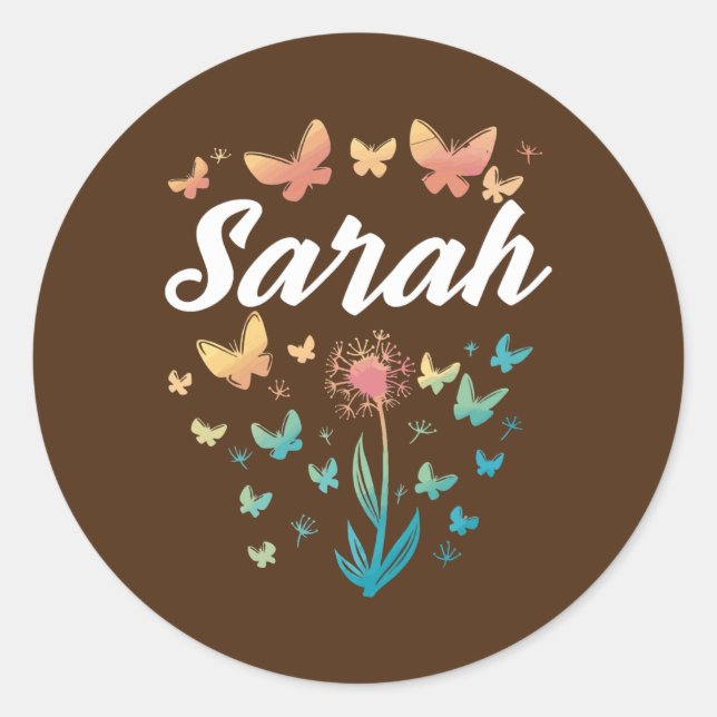 Sarah Birthday Sister Butterfly Dandelion Name  Classic Round Sticker (Front)