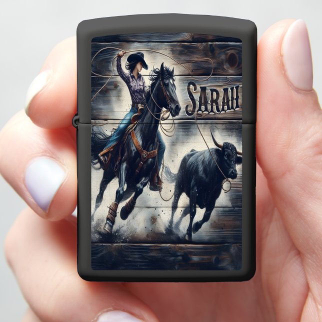 Sarah Cowgirl's Rodeo Ride Zippo Lighter (In Hand)
